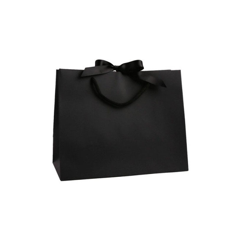 Medium Landscape Black Paper Gift Bag With Rope Handles and Ribbon 