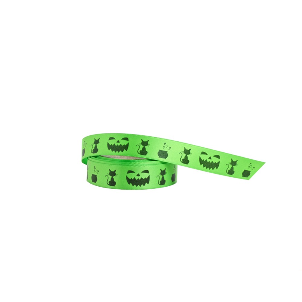 Halloween Cat & Caudron Green Double Faced Satin Ribbon 10 metres x 15mm