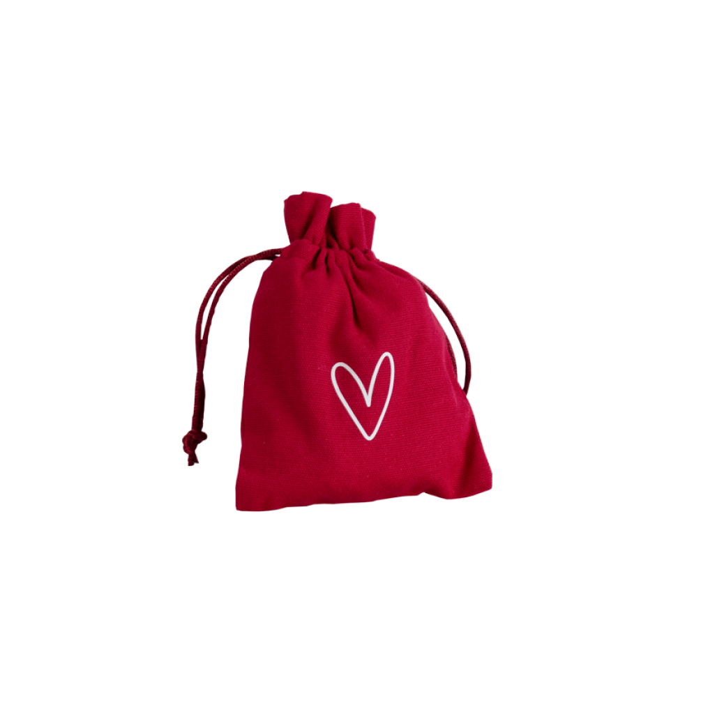 Love Heart Valentines Day Medium Red Cotton Bag with Silk Drawstring