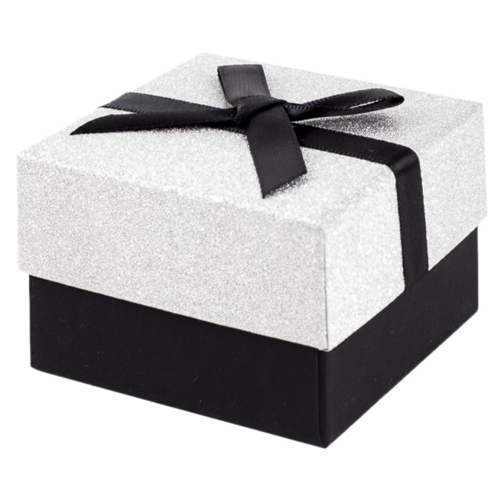 Black and Silver Glitter Gift Box with Black Ribbon Bow
