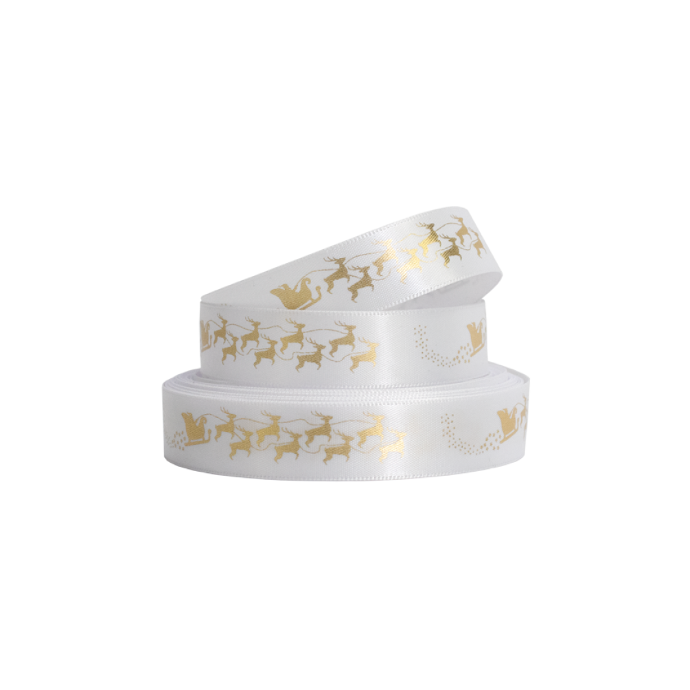 Satin Ribbon with Gold Reindeer and Sleigh Print